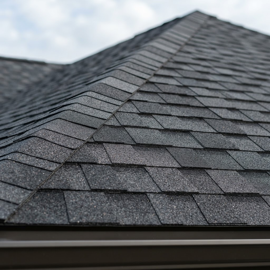 Charcoal architectural asphalt shingle roofing close-up
