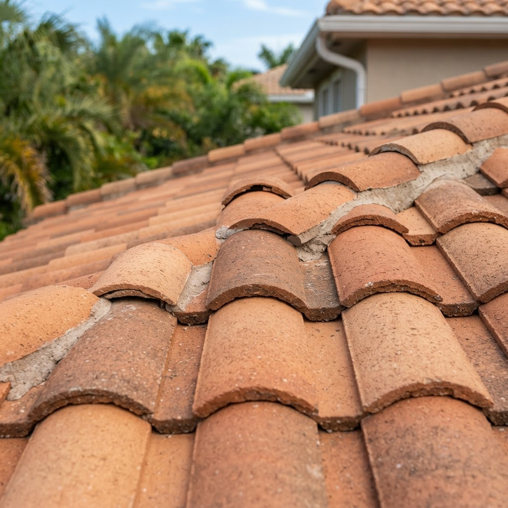 Terracotta concrete barrel tile roofing close-up